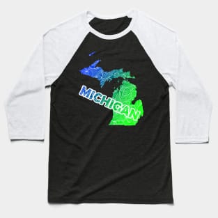 Colorful mandala art map of Michigan with text in blue and green Baseball T-Shirt